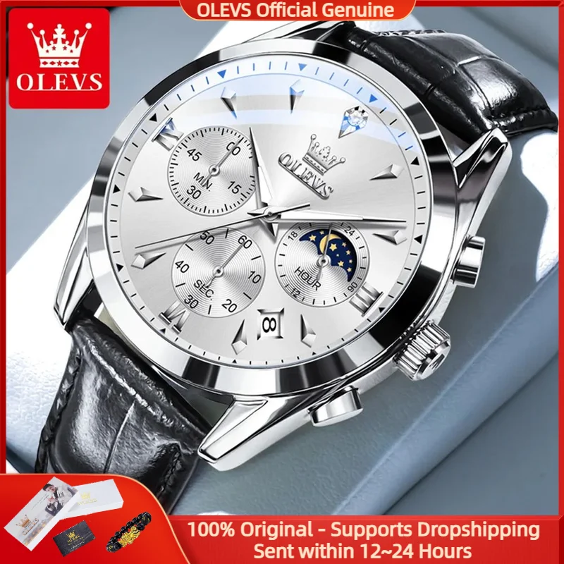 

OLEVS 3609, мужские часы, брендовые оригинальные водонепроницаемые светящиеся часы с кодом синхронизации фазы Луны, кожаный ремешок, роскошные деловые мужские кварцевые часы