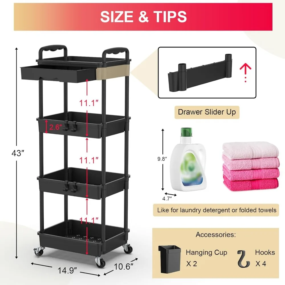 4-Tier Rolling Utility Cart with Removable Drawer, Lockable Wheels for Kitchen Bathroom Storage Organizer