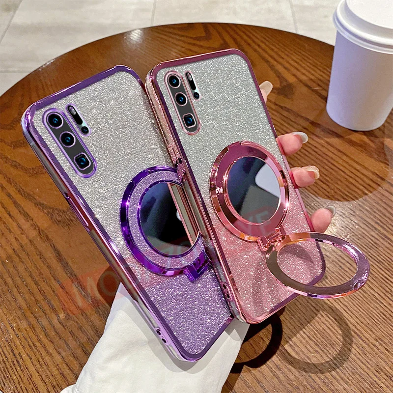 For Huawei P30 Pro Case Silicone Electroplated TPU SoftCase VOG-L09 VOG-L29 Phone Casing With Magnetic Bracket Mirror