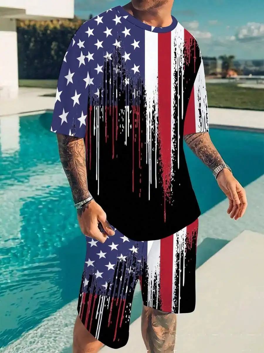 

Mens 2-Piece Set American Flag Print T-Shirt And Shorts Distressed Style