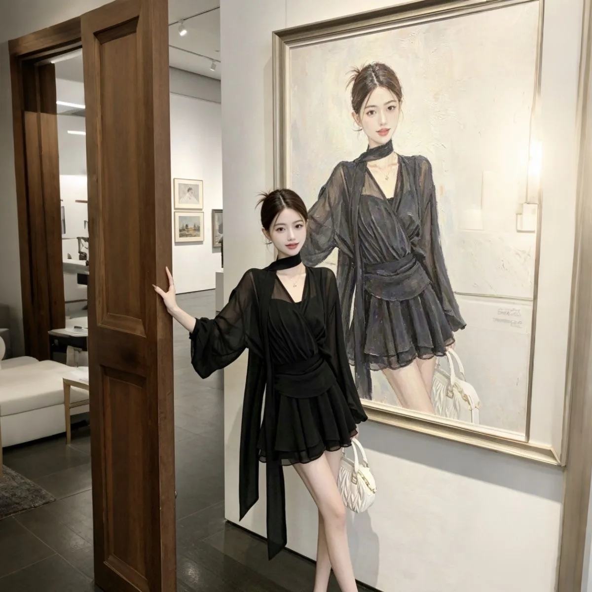 

Spring Summer New Design Women's Bubble Sleeve Dress Cross V Neck Waist Cinched Pleated Short Skirt Pure Desire Atmosphere