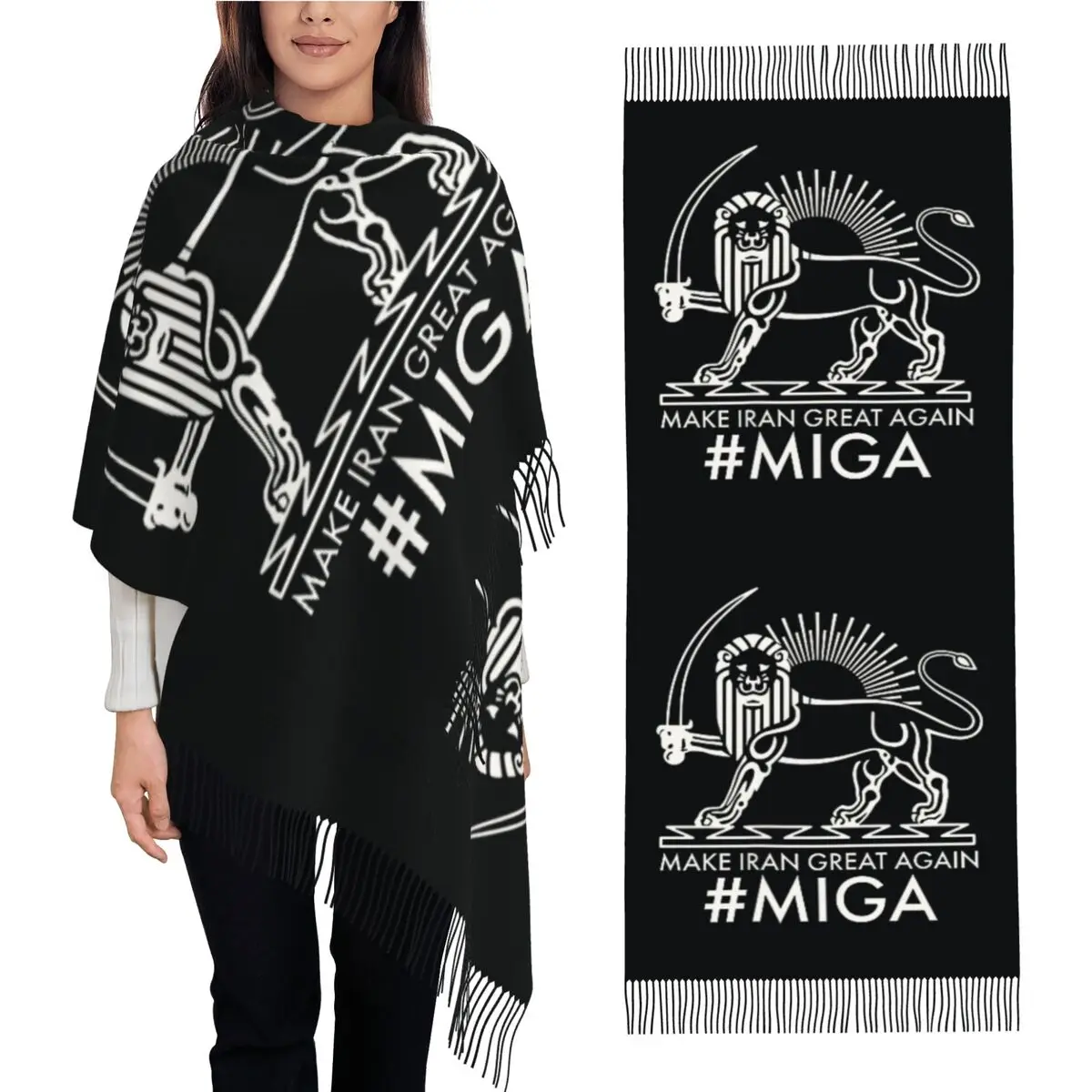 

Make Iran Great Again Persian Lion And Sun Shiro Khorshid Scarf Shawl Wrap with Long Tassel y2k Headwear Scarves Winter Bufanda