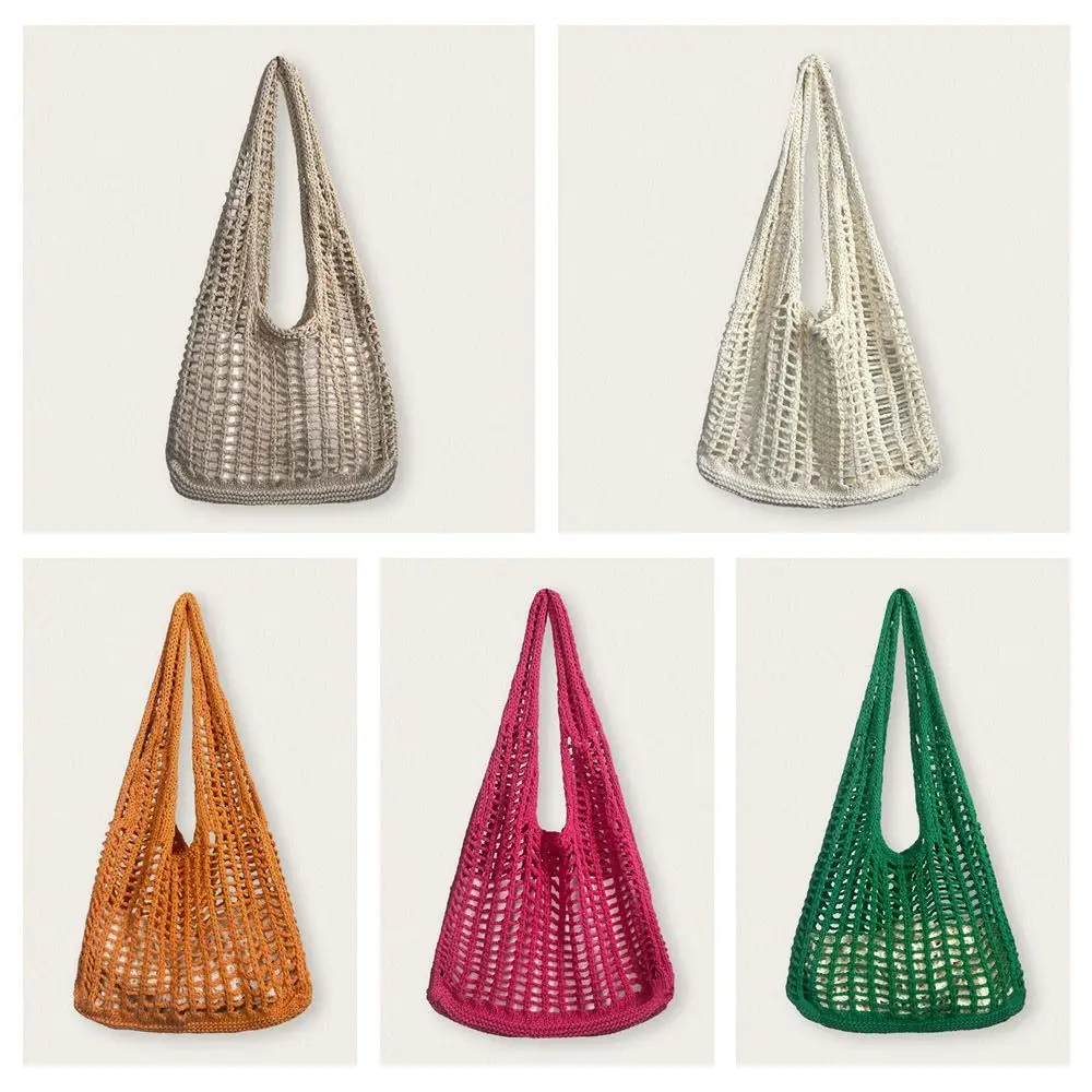 Borsa a tracolla in maglia tinta unita Borsa tote versatile all'uncinetto bohémien di grande capacità Borsa in tessuto casual scavata da donna