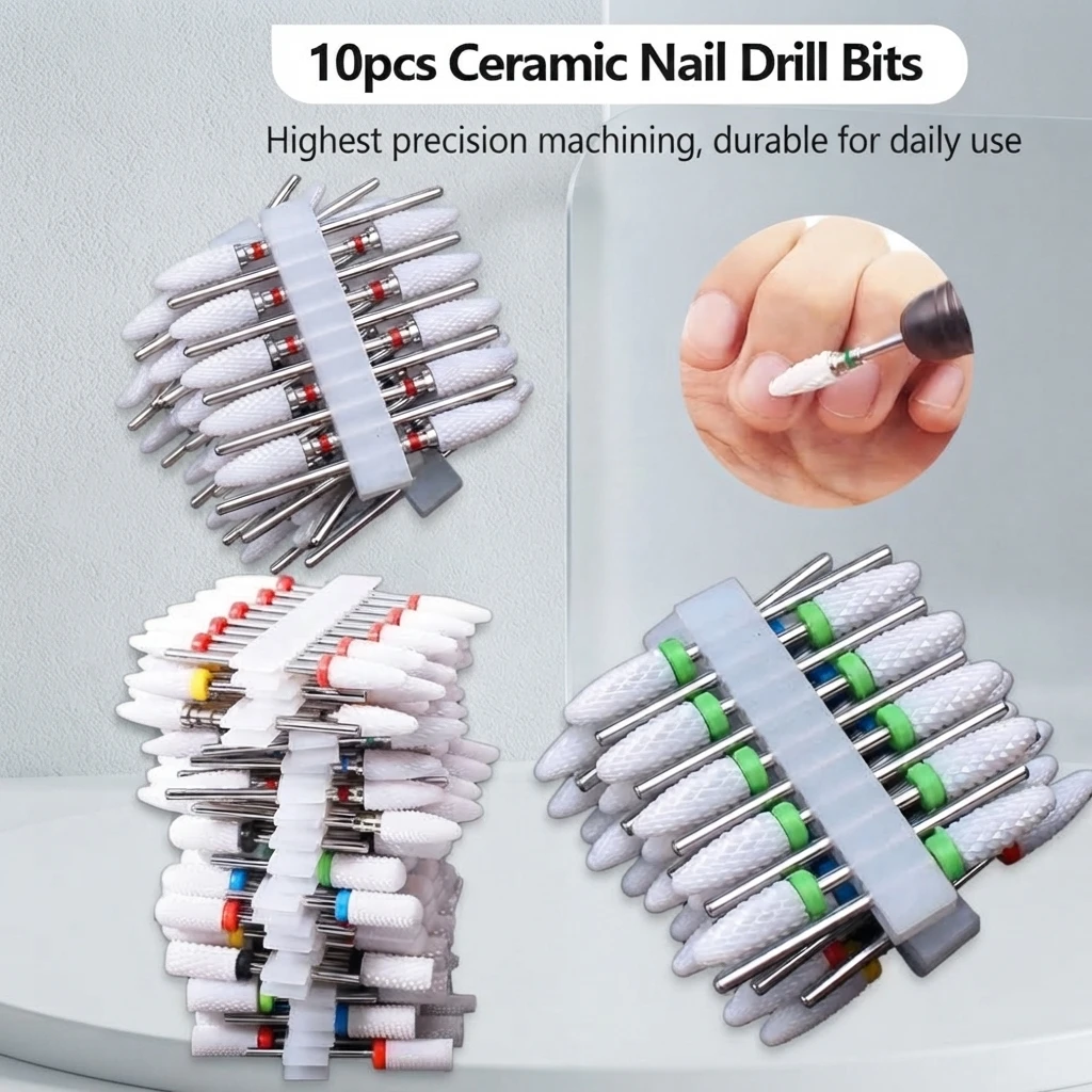 10 Stück 3/32 Keramik-Nagelbohrer, professionell und langlebig, zum Entfernen von Gelnägeln, Reinigen der Nagelhaut, ideal für Maniküre und Pediküre.