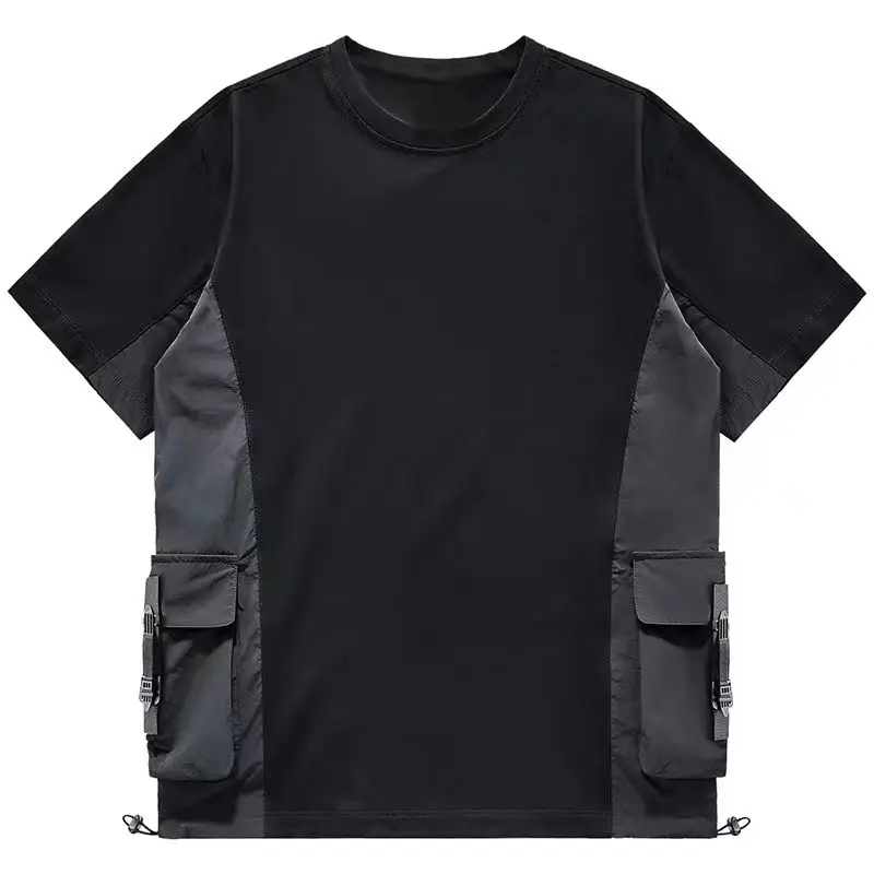 Summer Men O Neck Short Sleeve Sweatshirt Overalls Teenagers Locomotive Spliced Punk Hip Hop Fashion 2xl Oversized T Shirt Black