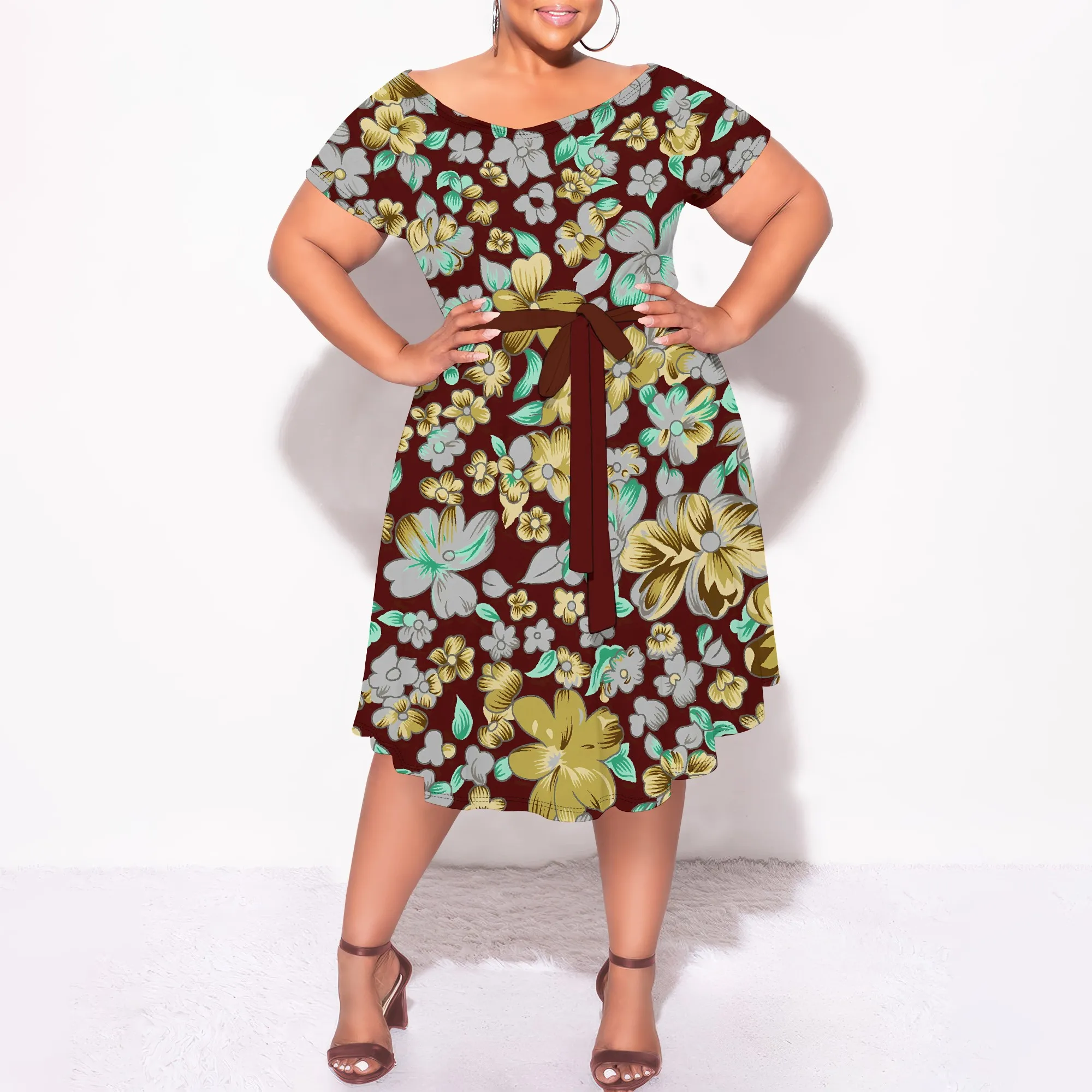 Nupusa jurk met palmbladprint voor dames, grote maten zomer, casual off-shoulder jurk met korte mouwen