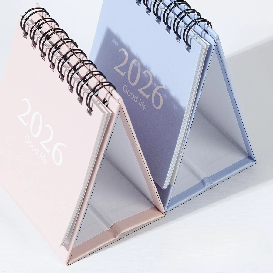 ปฏิทินตั้งโต๊ะขนาดเล็กแบบเรียบง่ายสีพื้น ปี 2026 ปฏิทินกระดาษแบบตั้งโต๊ะ วางแผนรายวันแบบคู่ วางแผนรายปี