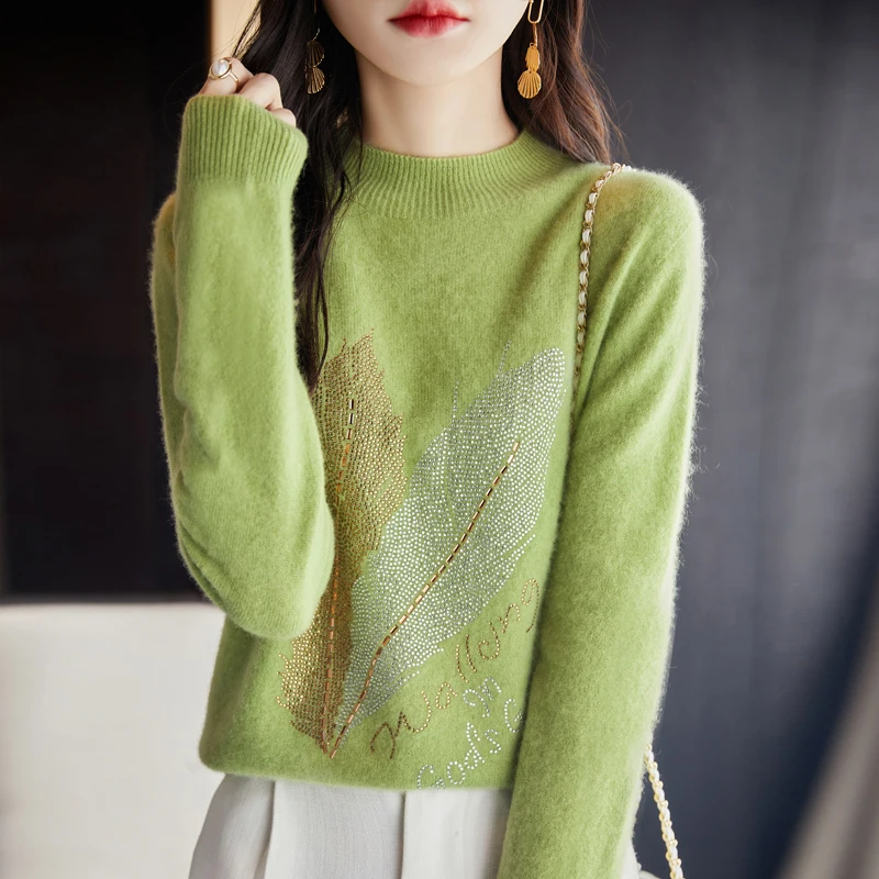 

100% Merino Wool O-Neck Rhinestone-Embellished Sweater Cashmere Long Sleeves Pullover Women Comfortable Warm Soft Clothing Top