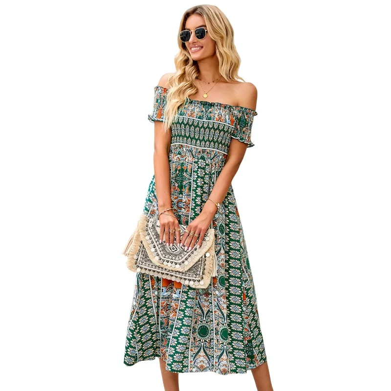 DY-Dress2024Spring En Zomer Nieuwe Off-Shoulder Bohemian Split Uitbreidingsrok