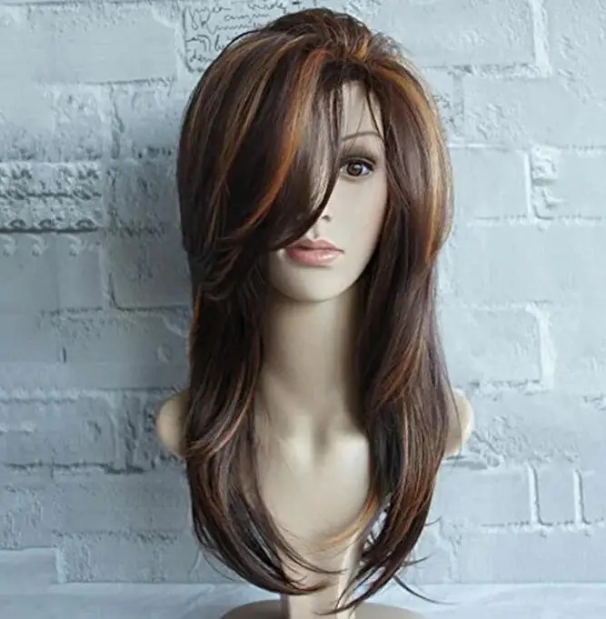 Cabelo sintético com Franja para mulheres, camada longa, comprimento dos ombros, marrom, peruca de destaque camelo, perucas resistentes ao calor