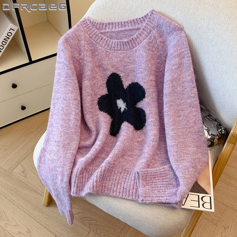 

Winter Thicken Round Neck Pullover Sweater Woman Korean Style Loose Flowers Patchwork Long Sleeve Knitted Top Clothes