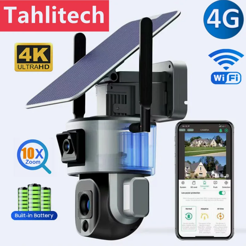 

4K 4G Wireless Solar Camera 8MP WiFi Dual Lens 4X 10X Optical Zoom With Solar Panel Humanoid Tracking PTZ Security Camera Solar