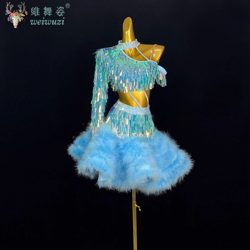 라틴 댄스 의상 맞춤형 깃털 태슬 글리터 성인 및 어린이 차차 삼바 룸바 대회 공연 의상