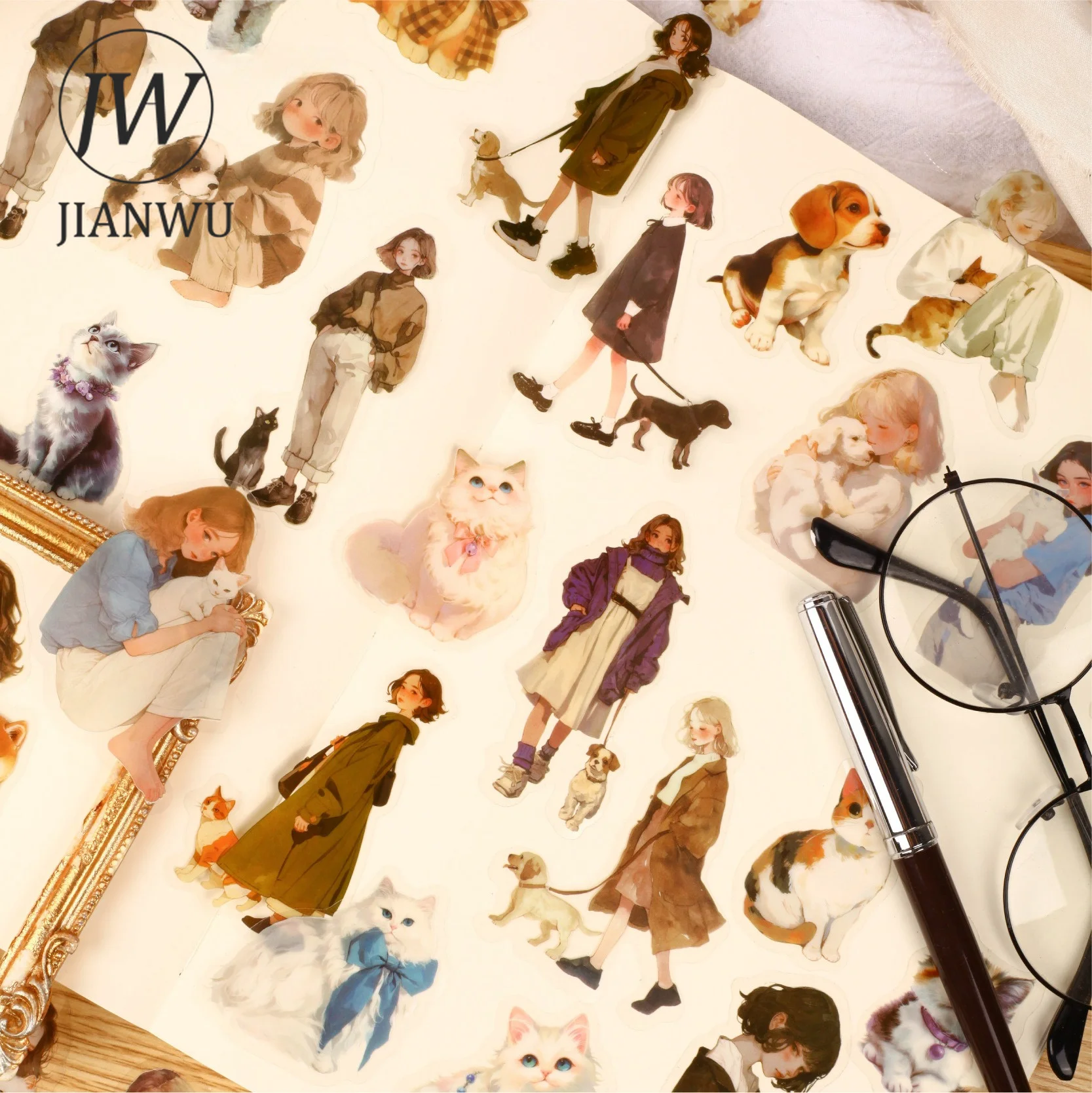 JIANWU Vintage Character Pet Cat and Dog Landscape Material Collage Scrapbooking PET Sticker Creative DIY Journal Stationery