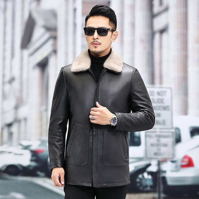 Winter Men's New Genuine Leather Clothes Outwear Male Mink Hair Collar Warm Down Jackets Sheepskin Fashion Lapel Plus Size Coats