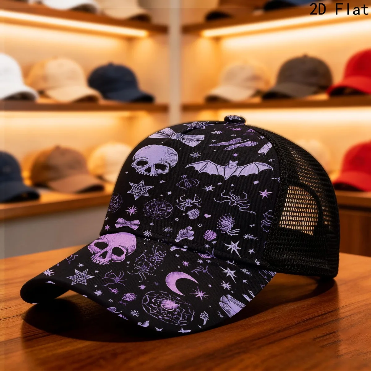 2D Flat Halloween Mesh Cap Spooky Purple Skull Bat Celestial Design, Comfortable All-Day Fit Adjustable Fit Lightweight