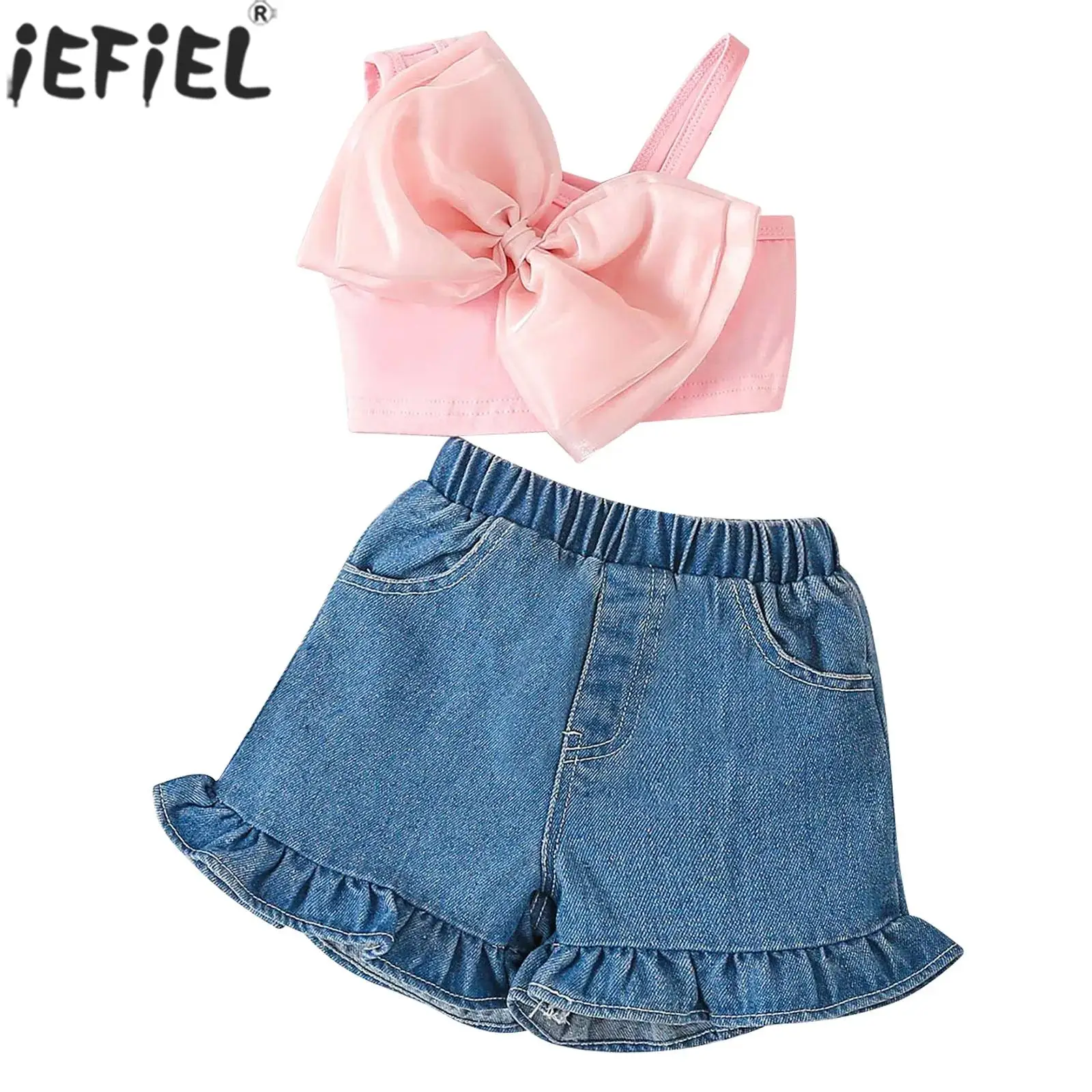 

Kids Girls Fashion Casual Sweet Outfit Sleeveless Bow Crop Top with Ruffle Denim Shorts Summer Daily School Party Home Trip Wear