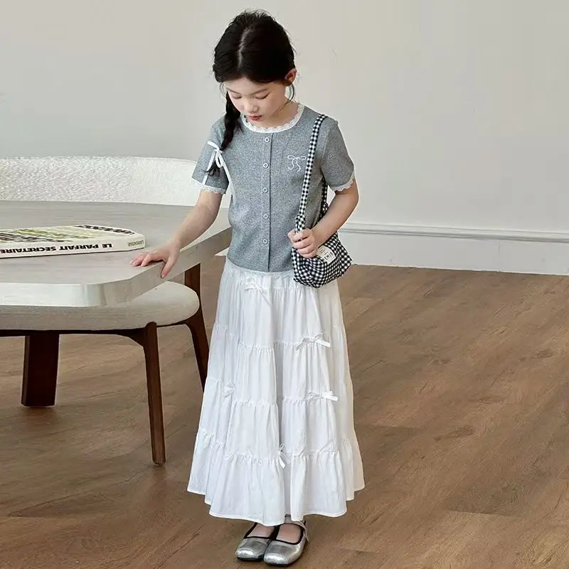 

Girls' Short Sleeved Cake Skirt Set 2025 New Children's Summer T-shirt Girls' Long Skirt Elegant Two Piece Set