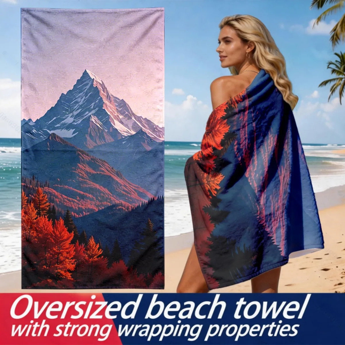 Snow Mountain Red Leaf Forest Theme polyester microfiber beach towel is highly absorbent suitable for swimming and beach outings