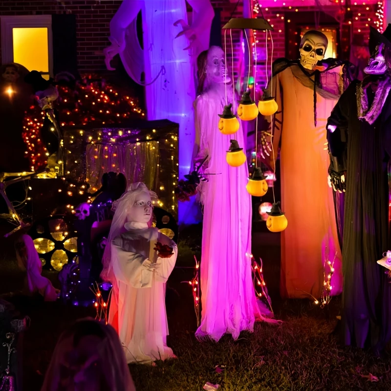 Halloween Solar Wind Chime String Lights Skeleton Ghost Eyeball Pumpkin Head Outdoor Horror Decor For Garden Courtyard Patio