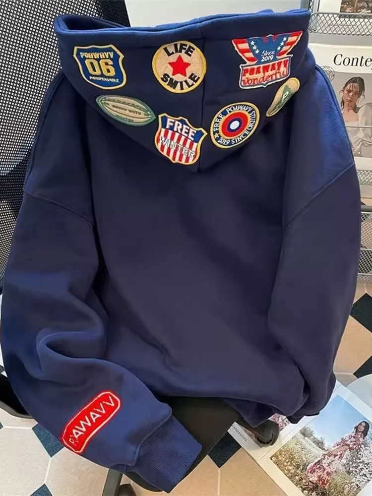 

Large Size 300 Pounds Letter Badge Embroidered Hoodie Women's Loose Casual Couple Jacket Polyester Fiber Long Sleeve Hooded S...