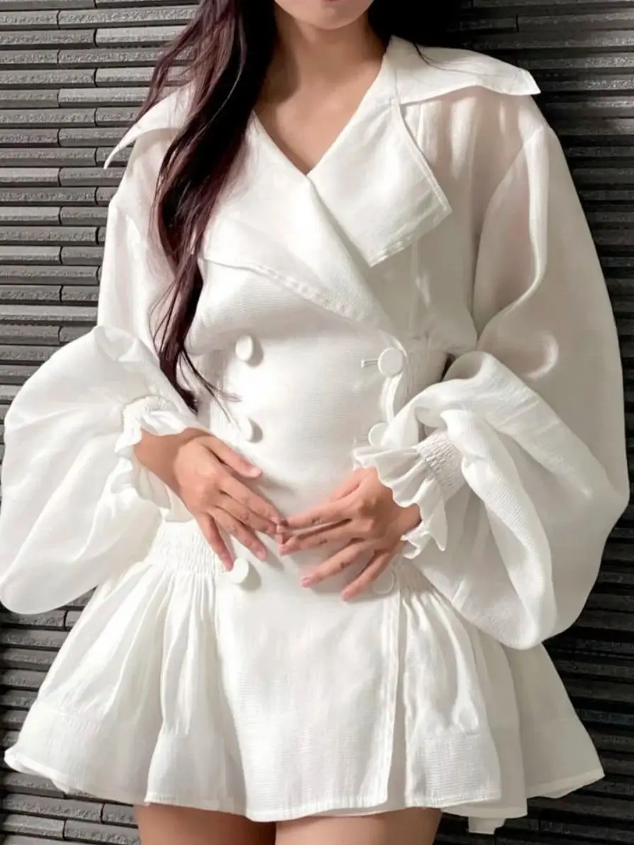 

Женское белое тонкое платье с зубчатым воротником, двубортное модное женское мини-халат с пышными рукавами