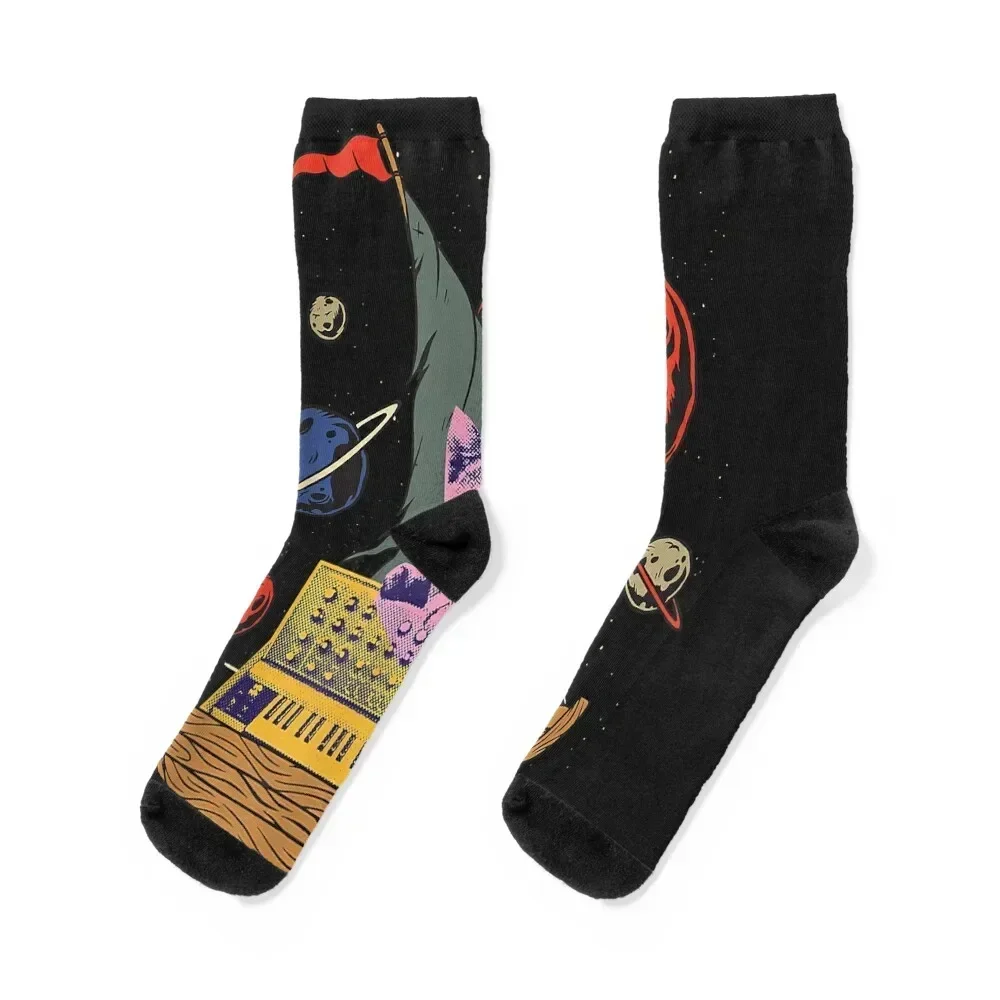 

Cat On Synthesizer In Space Funny Cat Synth Socks Run cartoon colored Women's Socks Men's