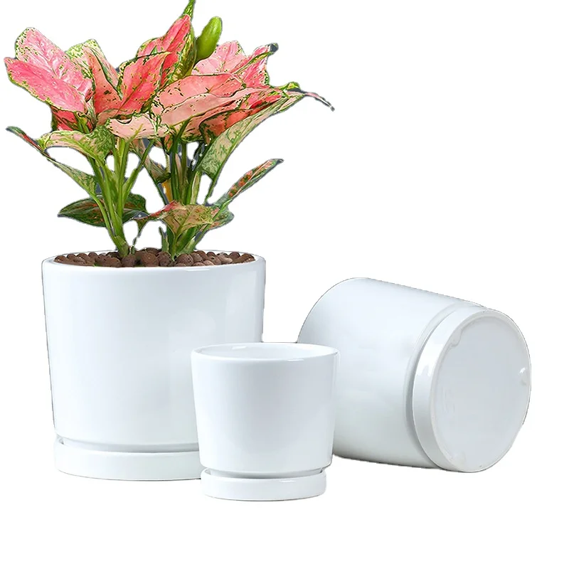 

2023 Factory Direct Wholesale Ceramic Flower Pot White Three-piece Traydecorative Planter Flowerpot Customized Flower Pot