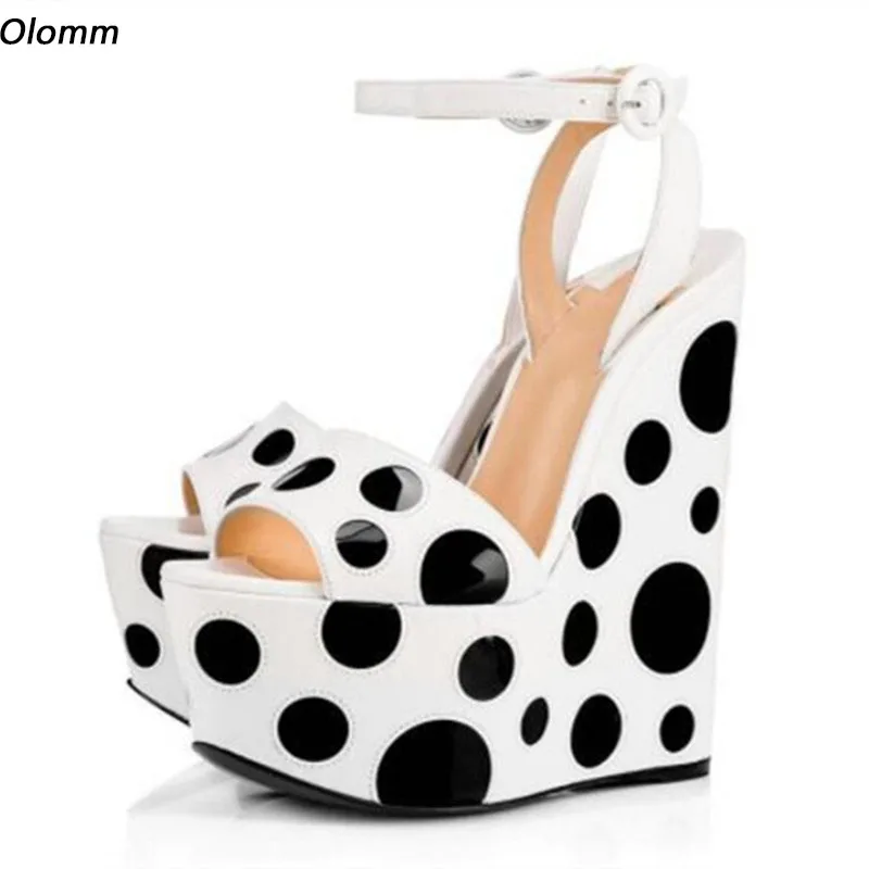 Olomm New Women Platform Sandals Ankle Strap Wedges High Heels Sandals Open Toe Polka Dot Party Shoes Ladies US Plus Size 4-14