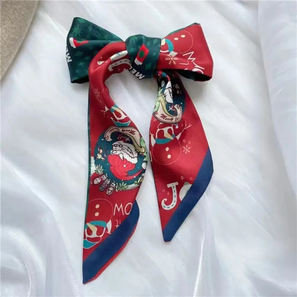 Simple Ribbon Headband Christmas Silk Scarf Red Printed New Year Scarf Hair Tie Santa Claus Long Scarf Female