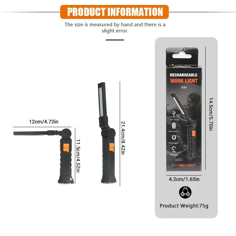 Imagem -06 - Lanterna Recarregável Usb Cob Led Luz de Trabalho Tocha Magnética Lâmpada de Suspensão Portátil com Bateria Embutida Tocha de Acampamento e2 Pcs