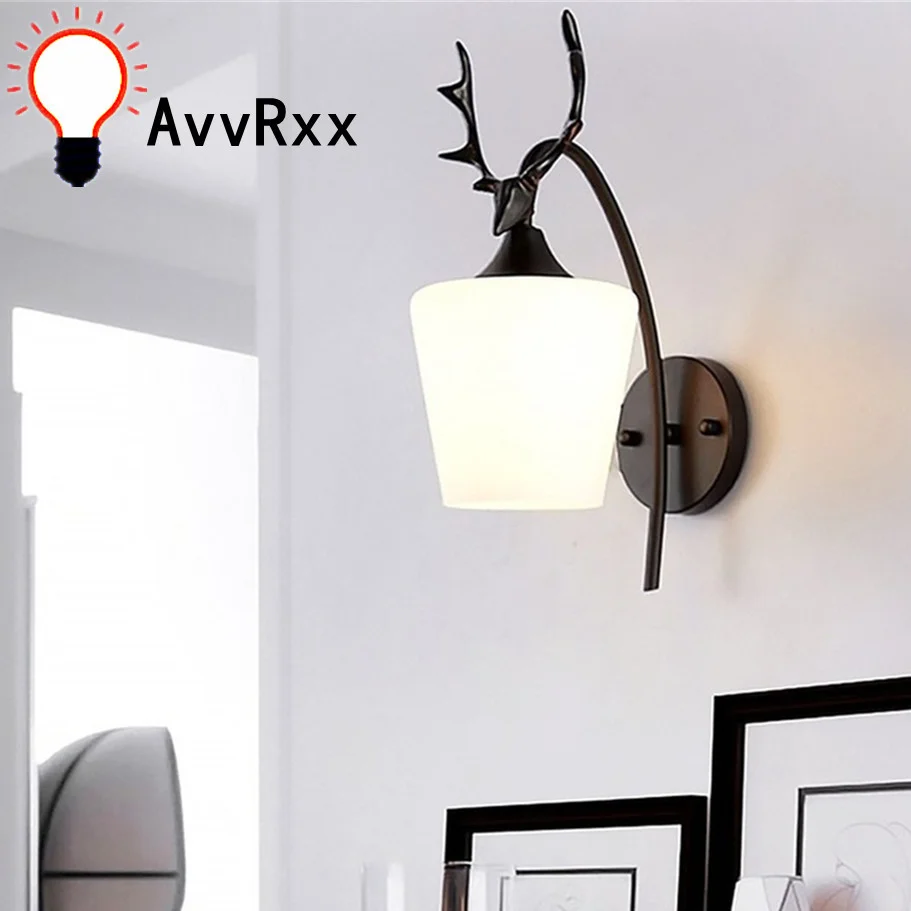 

LED E27 Nordic Deer Head Iron Art European Wall Lamp Kitchen Living Room Bedroom Bedside Dining Hall Aisle Corridor Wall Lamp