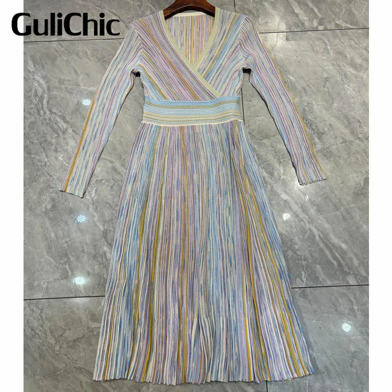 1.5 GuliChic Knitted Rainbow Color V-neck Long Women\'s Dresses Holiday Elegant Casual Slim Printed A-line Clothing Autumn