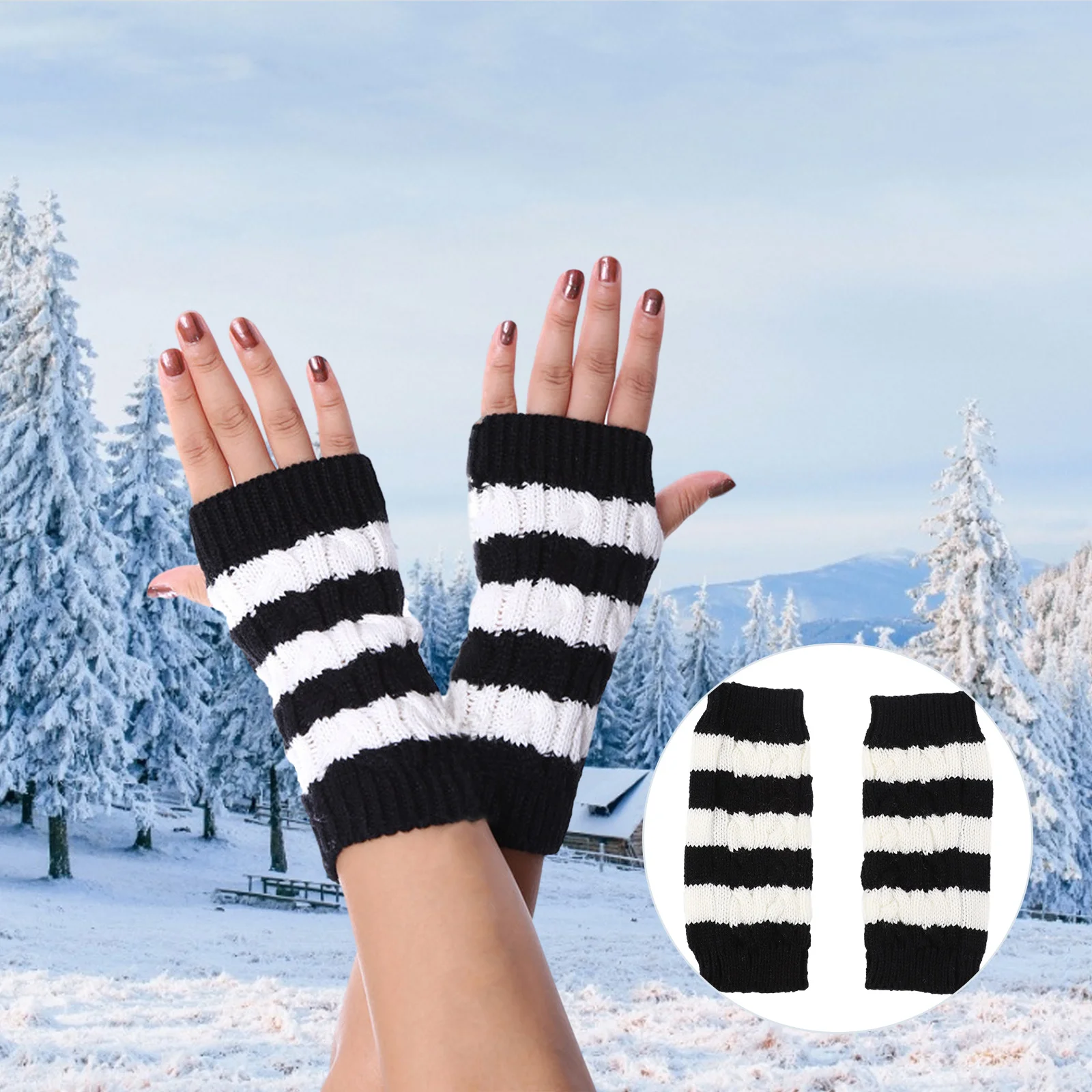 

1Pair Warm Stripe Knitted Woolen Yarn Half-Finger Winter Gloves Protect Hands Outdoors Cycling Running Driving Golfing