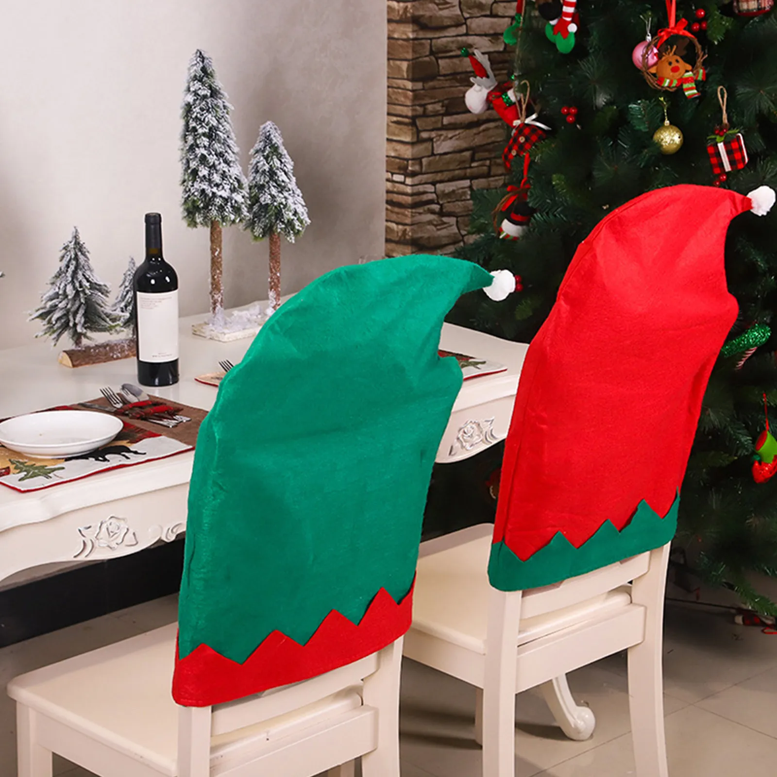 2Pcs Elf Hat Chair Cover Christmas Dining Non-Woven Fabric Seat Back Slipcover Washable Reusable Protective Festive Decoration
