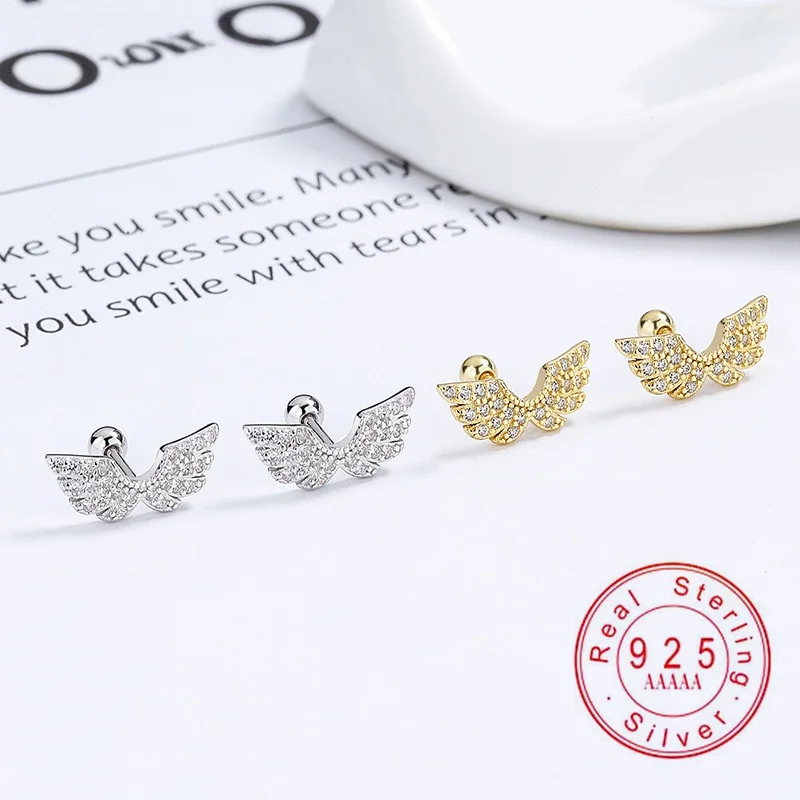 

Real 925 Sterling Silver Angel Wing Cubic Zirconia Screw Back Piercing Stud Earrings for Women Hypoallergenic Jewelry Gift