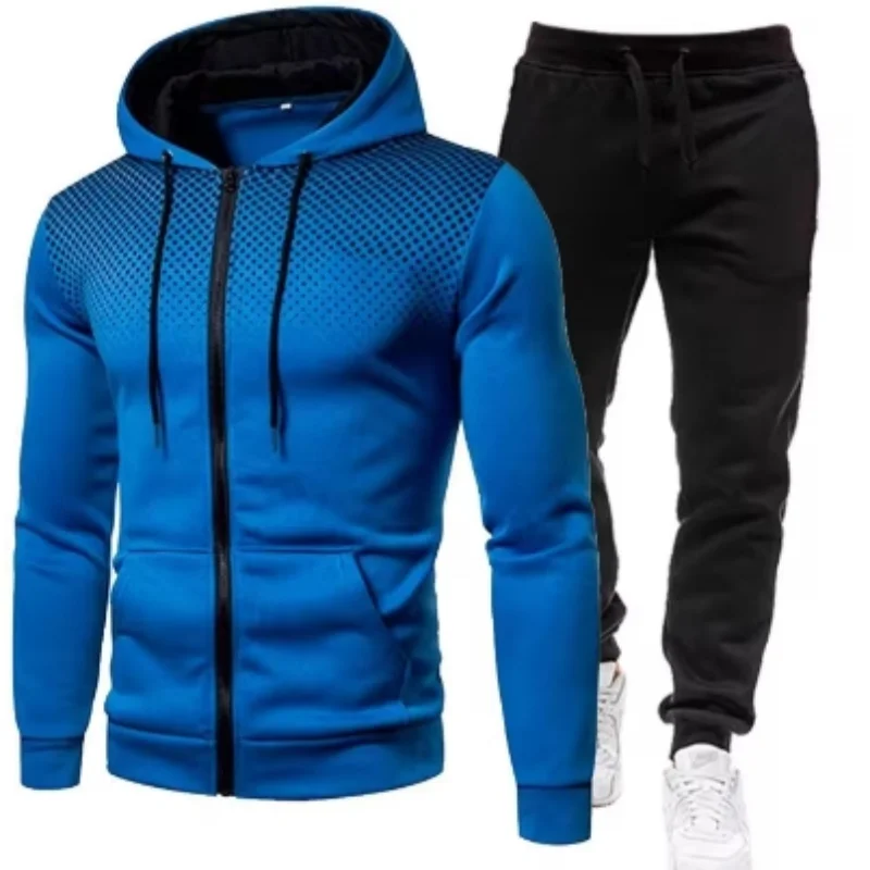 2024 Autumn/Winter New European and American Solid Color Wool Sports Pants Men\'s Casual Zipper Sports Hoodie Set Running Set