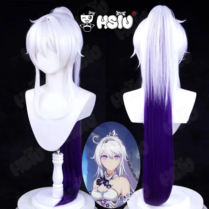 

Kiana Kaslana Cosplay Wig Game Honkai Impact 3 Cosplay Wig HSIU 90Cm White mixed purple ponytail long hair Synthetic Wig+Wig cap