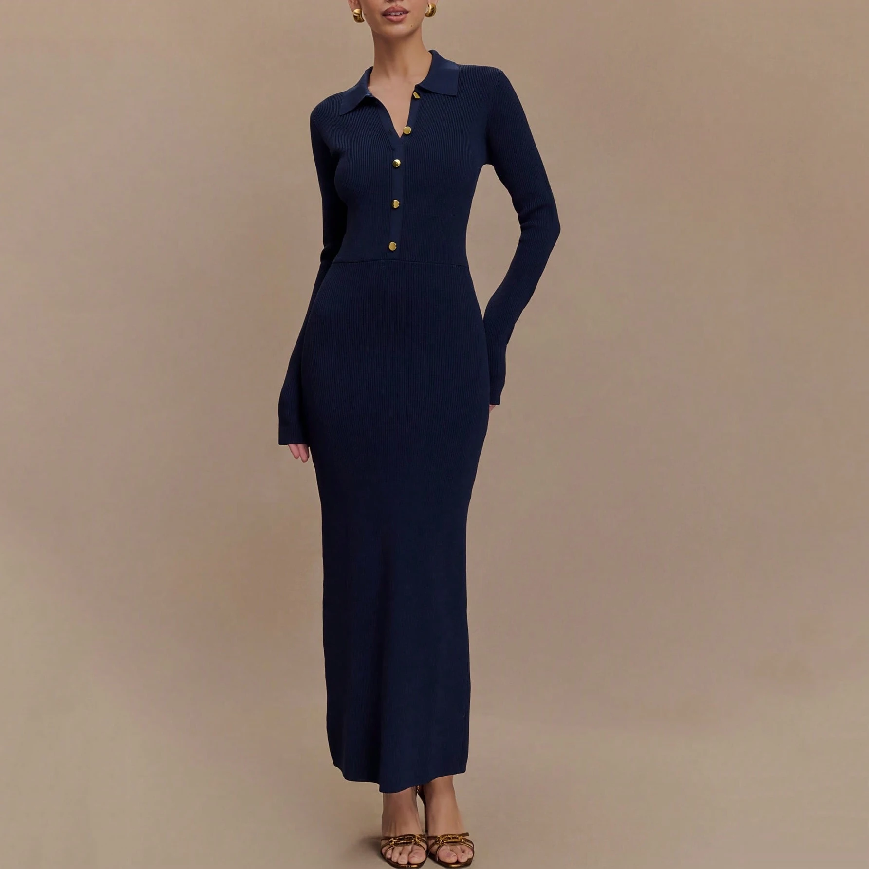 

New Women's Knitted Maxi Dress Autumn Winter Lapel Long Sleeve Verstidos Elegant Slim Fit Lady Commute Bodycon Long Dress