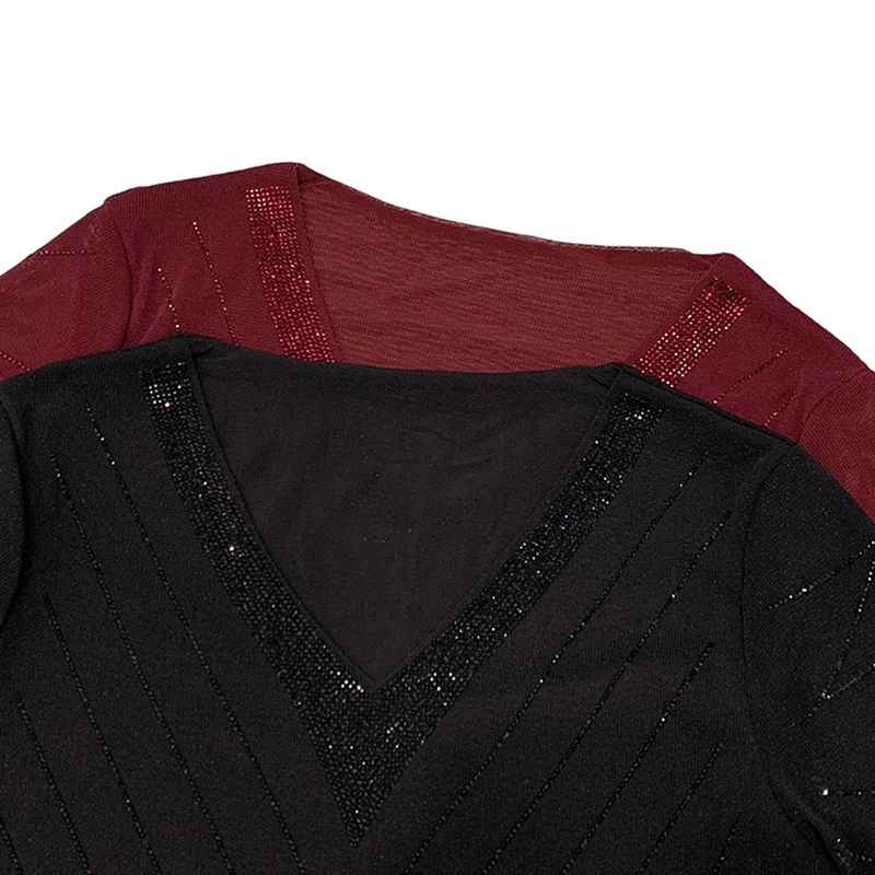 MadBlack-Women الأوروبي تي شيرت ، مثير الخامس الرقبة الماس الساخن ، الشارع الشهير كم طويل سليم S-3XL شبكة المحملة ، 2025 الخريف جديد T59740CC #6