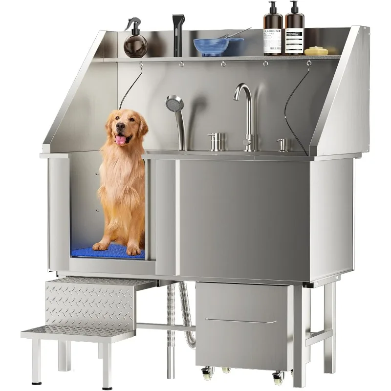 304 Stainless Steel Dog Washing Station, 50 Inch Professional Dog Grooming Tub, Pet Bathtub with Sink, Storage Drawer,Ladder