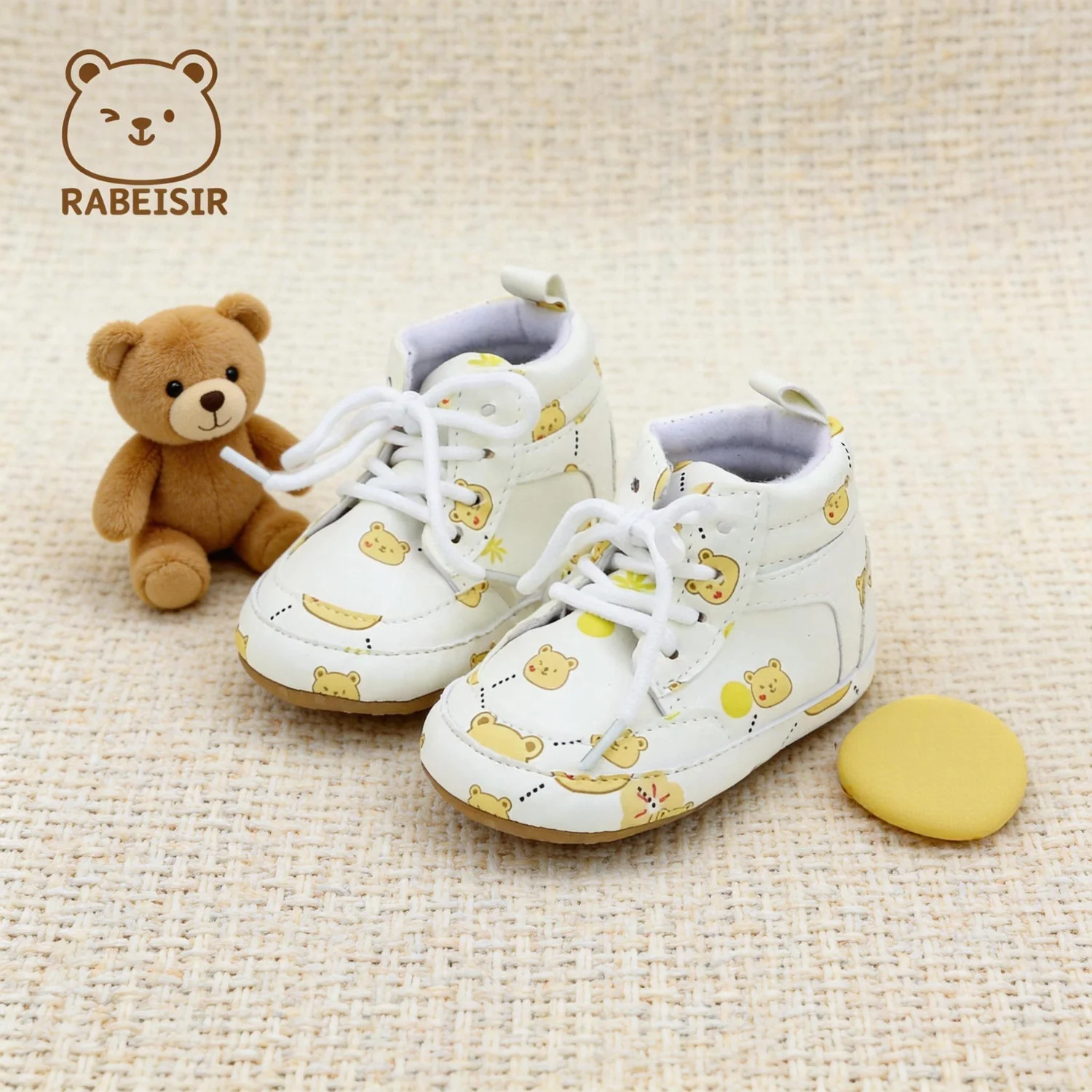 Cartoon Bear Print Baby Casual Shoes with Lace-Up Design, 0-18 Months Daily Soft-Soled Baby Walking Shoes