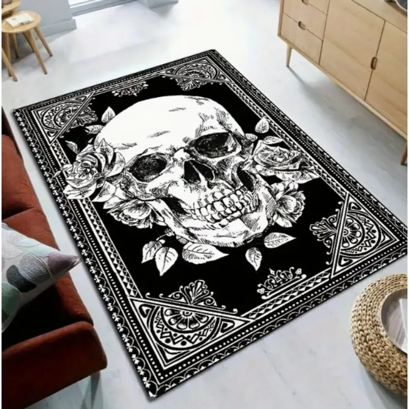 Gothic Skull Floral Pattern Area Mat Non-Slip Rectangle Floor Mat for Indoor Outdoor Garden Patio Handmade Polyester Decorative
