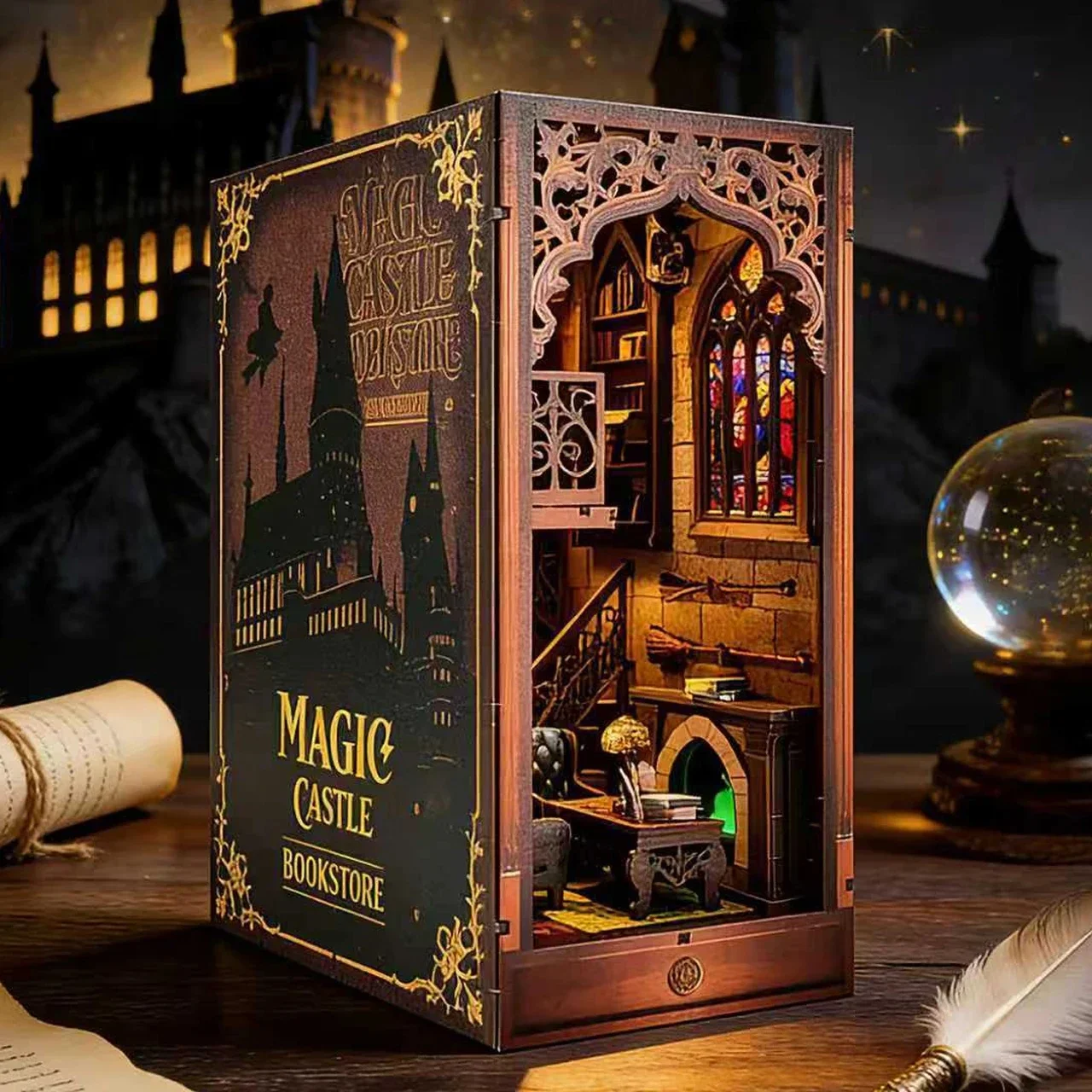 DIY Wooden Book Nook Hogwarts Library Cottage Miniature Dollhouse 3D Puzzle Assembly Model Kits for Adults Birthday Gifts