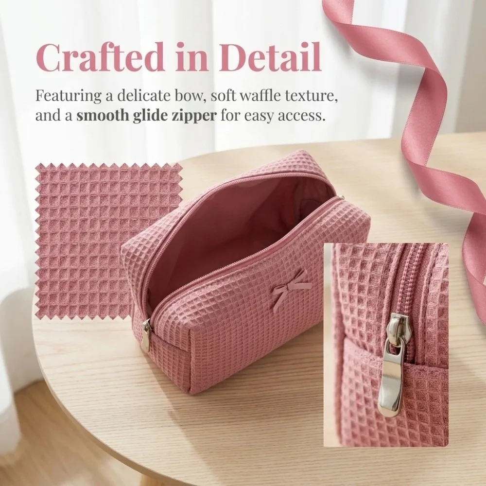 Essential Bow Decor Waffle Knit Makeup Bag Zipper Lightweight Cosmetic Bag Portable Polyester Toiletry Organizer Home