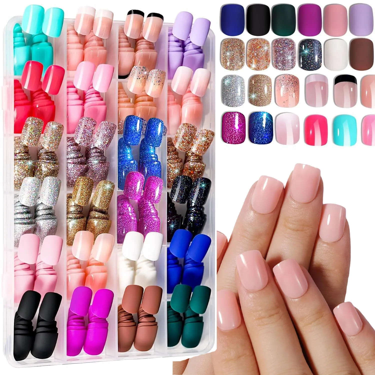 24 couleurs 576 pièces paillettes courtes rondes presse sur les ongles mat et brillant couverture complète faux ongles conseils Simple pointe française faux bout des doigts Boxe