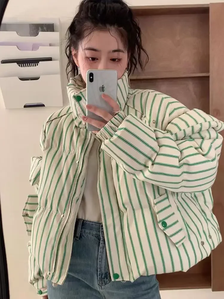 פסים ירוקים לעמוד צווארון חלול החוצה שרוול ארוך שרוול ארוך שרוול שרוול ארוך שרוולים בגדי נשים kawaii כפתור kawaii קצר