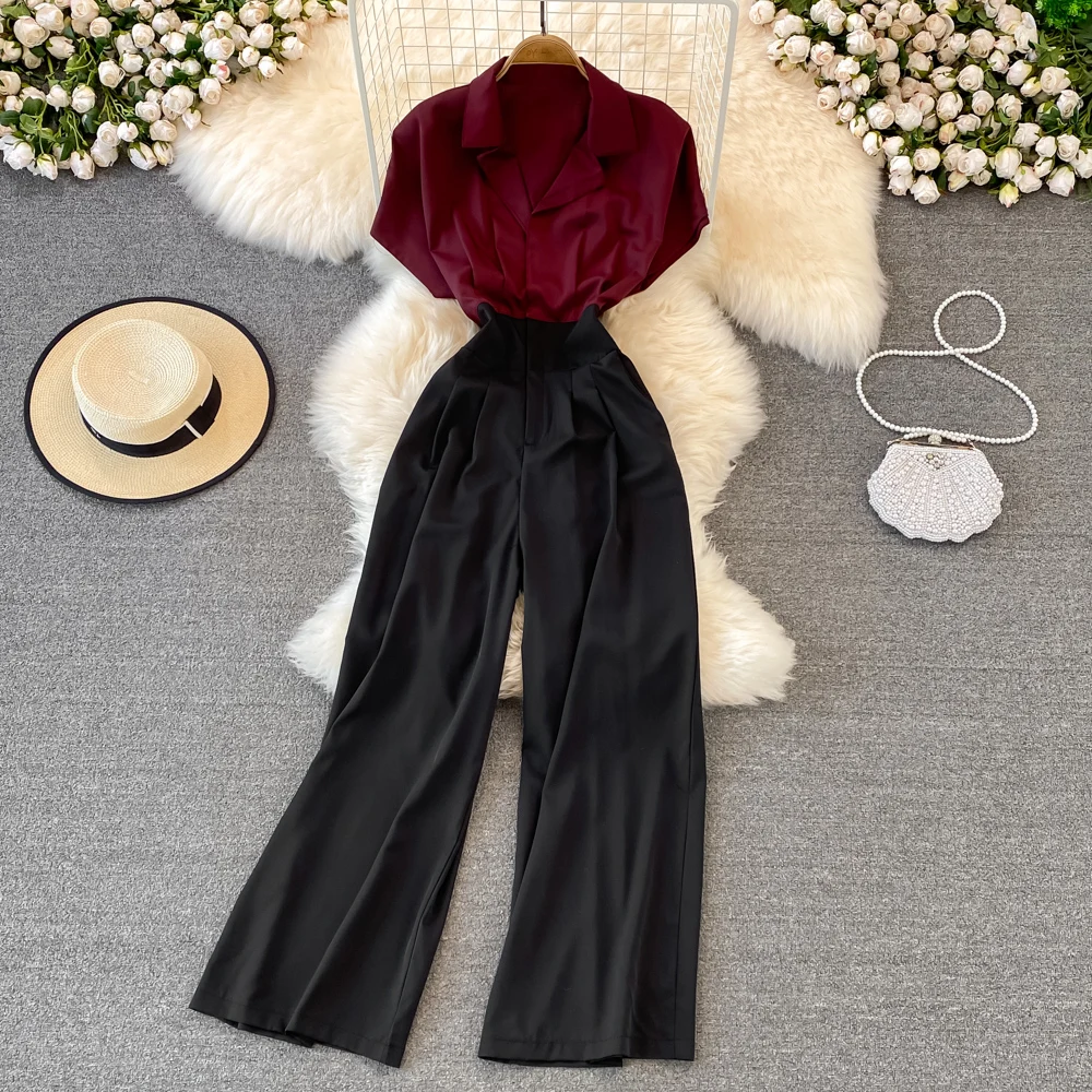 

Ele Faionable V-Ne-Piece Pants High Waist Pleated Slim Wide Leg Summer Suit High Quali Fabric Commute Sle