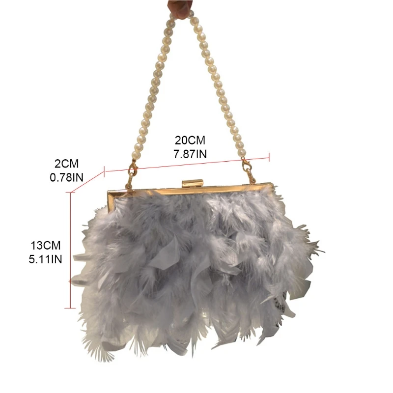 Ostrich Feather Tote Evening Dress Bag Shoulder Bag Party Money Bag Wallet Clutch Pearl Chain Bag Gift for Women Girls