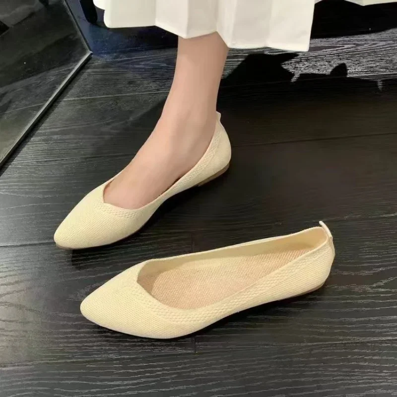 Women\'s Ballet Flats Knitting Casual Shoes Slip-on Cute Ballerina Pointe Shoes Not Casual Leather Without Heels Comfortable